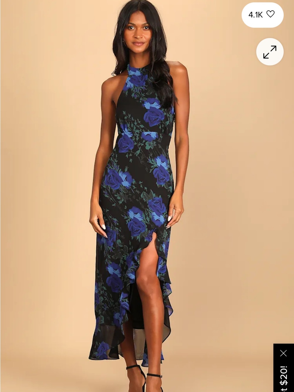 Lulu's Black Halter High-Low Maxi Dress with Blue Floral Print